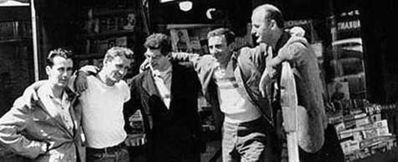 Keroac, Cassady, Ginsberg, ??, Ferlinghetti at City Lights, San Francisco, 1950s.